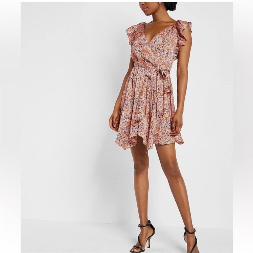 Express Pink and Purple Flutter Sleeve Wrap Dress
